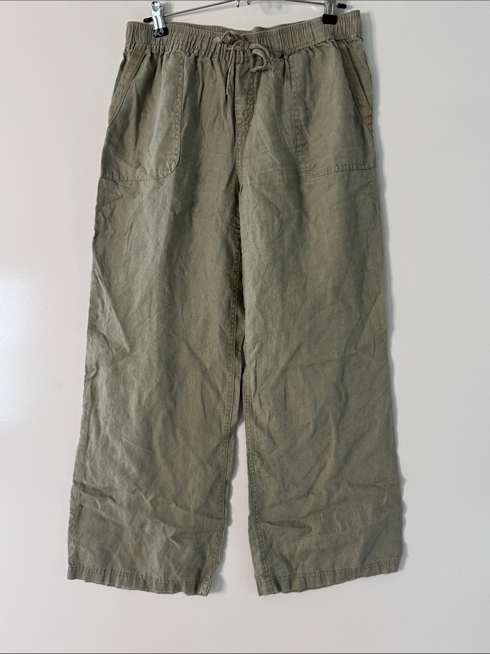 St. Tropez Olive Green Wide-Leg Cargo Pants Womens Medium Pull On Linen